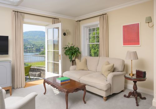 a guest lounge at the luxury Park Hotel Kenmare in County Kerry, Ireland. 
