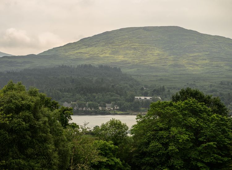 a view looking out over Kenmare Bay and its lush woodlands towards the rolling hills of the Caha Mountains in County Kerry, Ireland